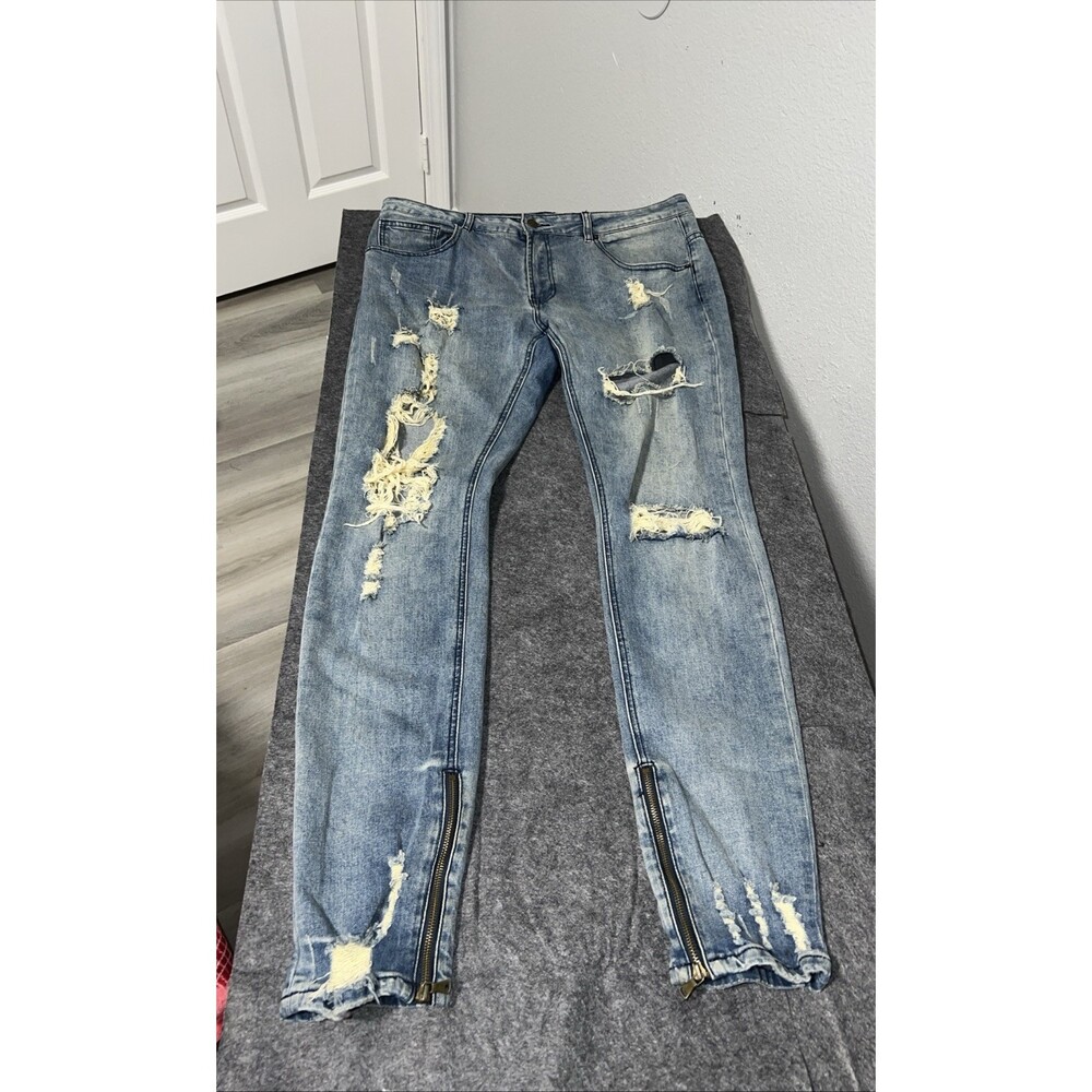 Young & Reckless Distressed Light Blue Denim Men's Jeans Ankle Zip 34x32
